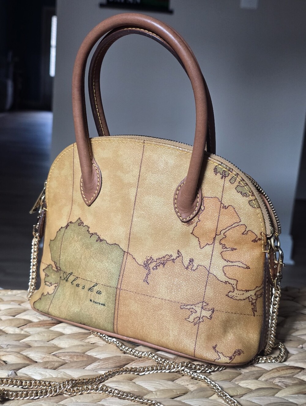 Authentic Alviero Martini Map-Print Dome Satchel Handbag